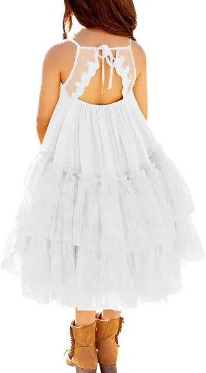 MITILLY Girls Boho Lace Backless Square Neck Sleeveless A Line Ruffle Tiered Flowy Long Party Dress