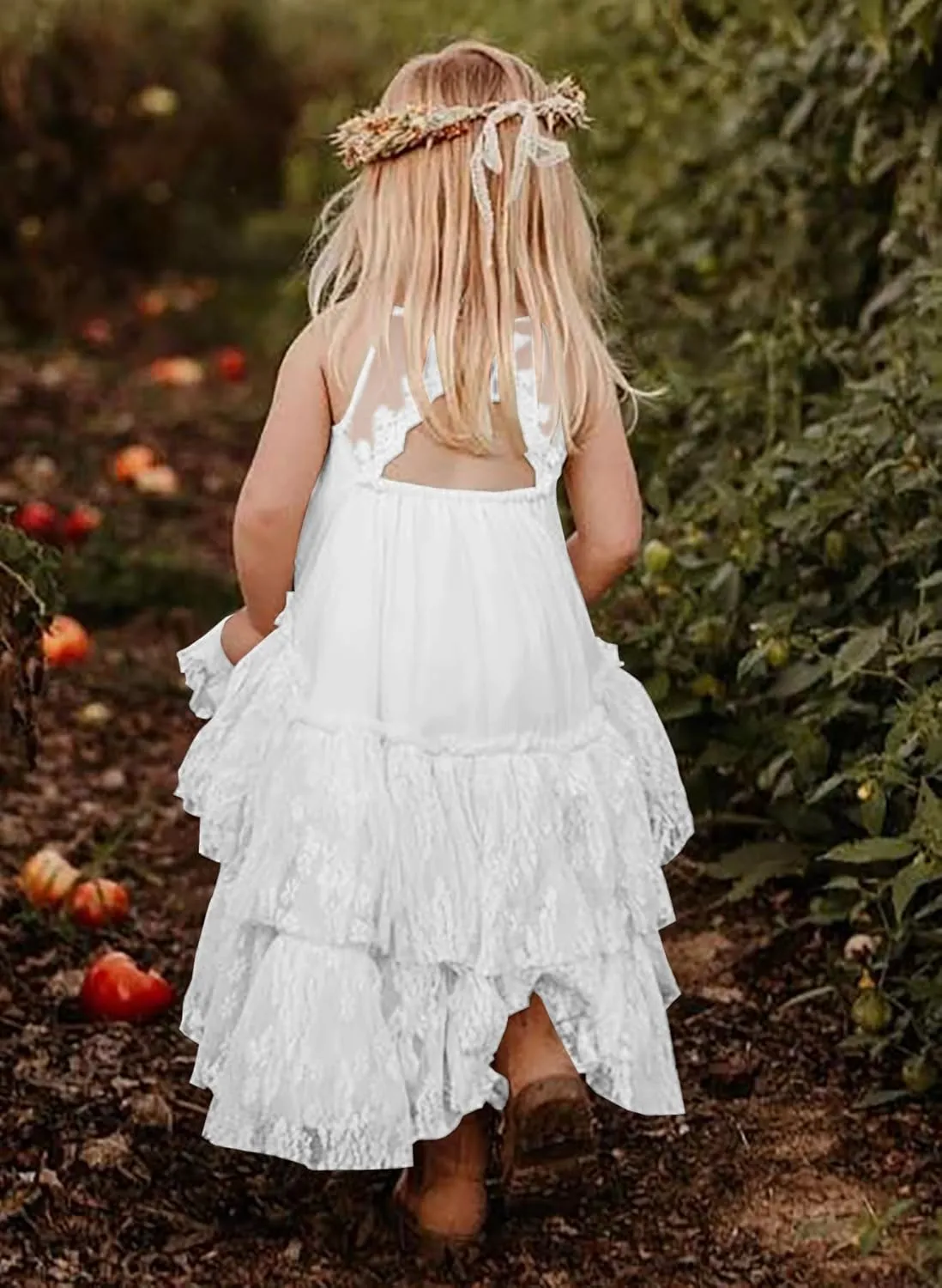 MITILLY Girls Boho Lace Backless Square Neck Sleeveless A Line Ruffle Tiered Flowy Long Party Dress