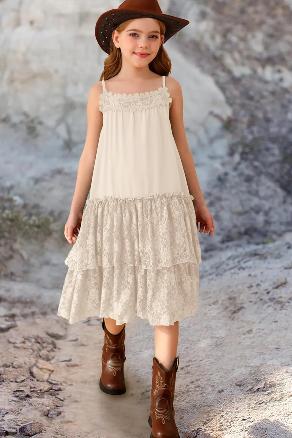 MITILLY Girls Boho Lace Backless Square Neck Sleeveless A Line Ruffle Tiered Flowy Long Party Dress