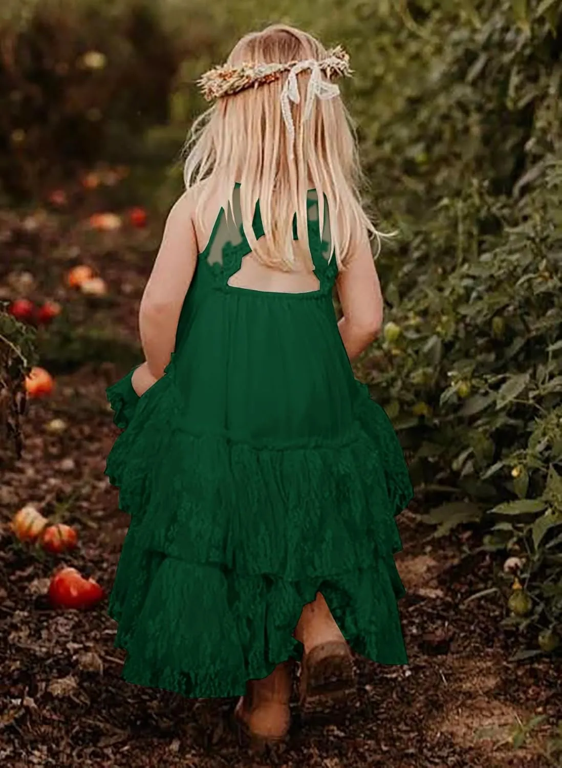 MITILLY Girls Boho Lace Backless Square Neck Sleeveless A Line Ruffle Tiered Flowy Long Party Dress