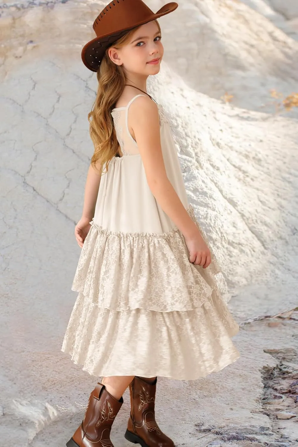 MITILLY Girls Boho Lace Backless Square Neck Sleeveless A Line Ruffle Tiered Flowy Long Party Dress