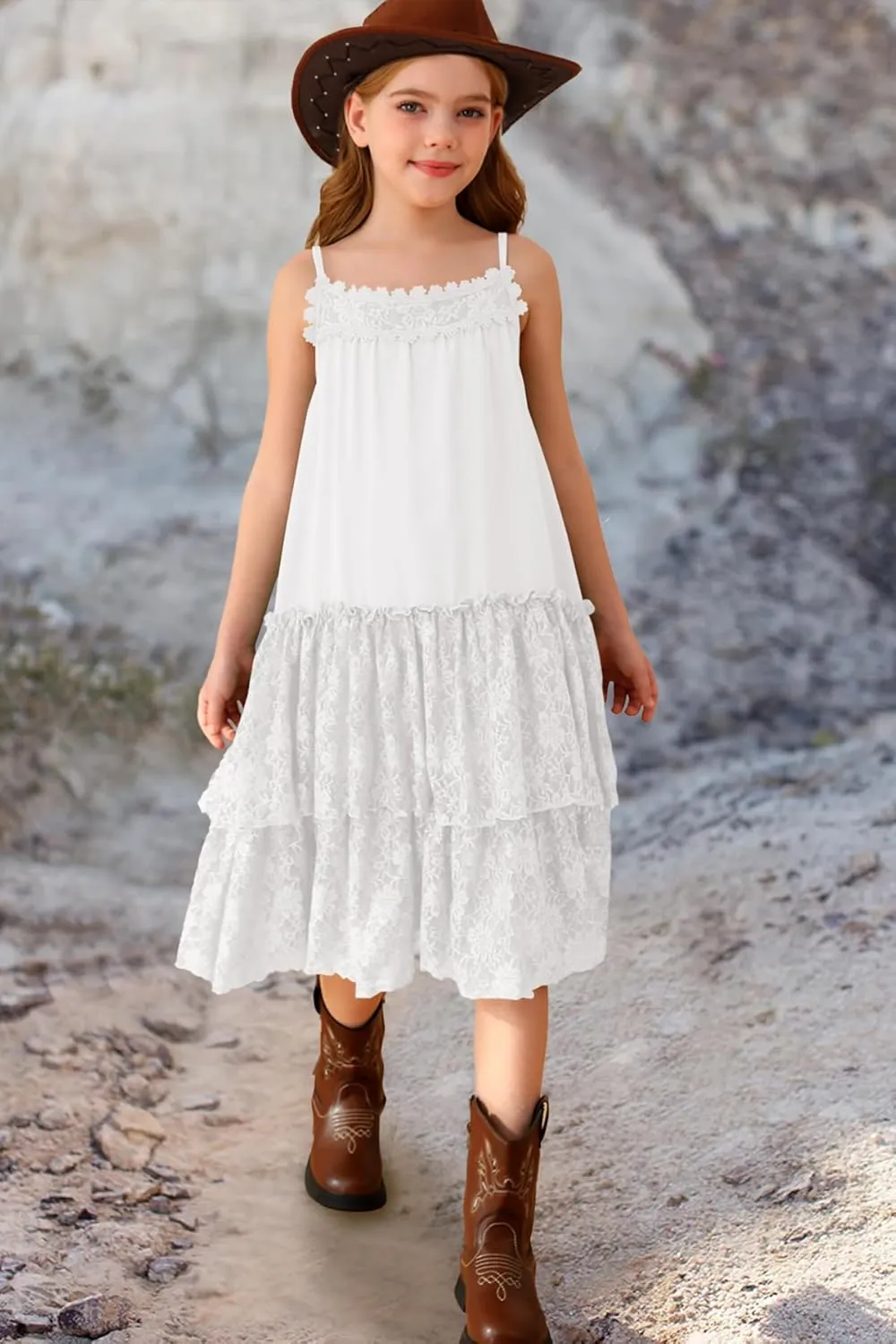 MITILLY Girls Boho Lace Backless Square Neck Sleeveless A Line Ruffle Tiered Flowy Long Party Dress