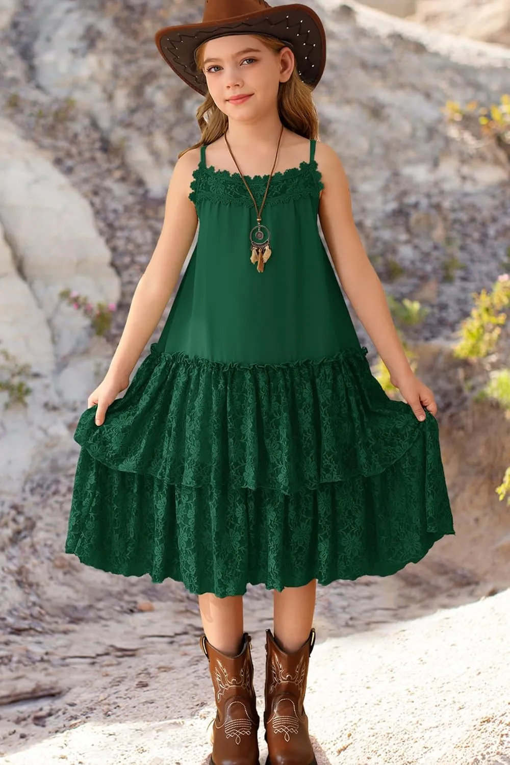 MITILLY Girls Boho Lace Backless Square Neck Sleeveless A Line Ruffle Tiered Flowy Long Party Dress