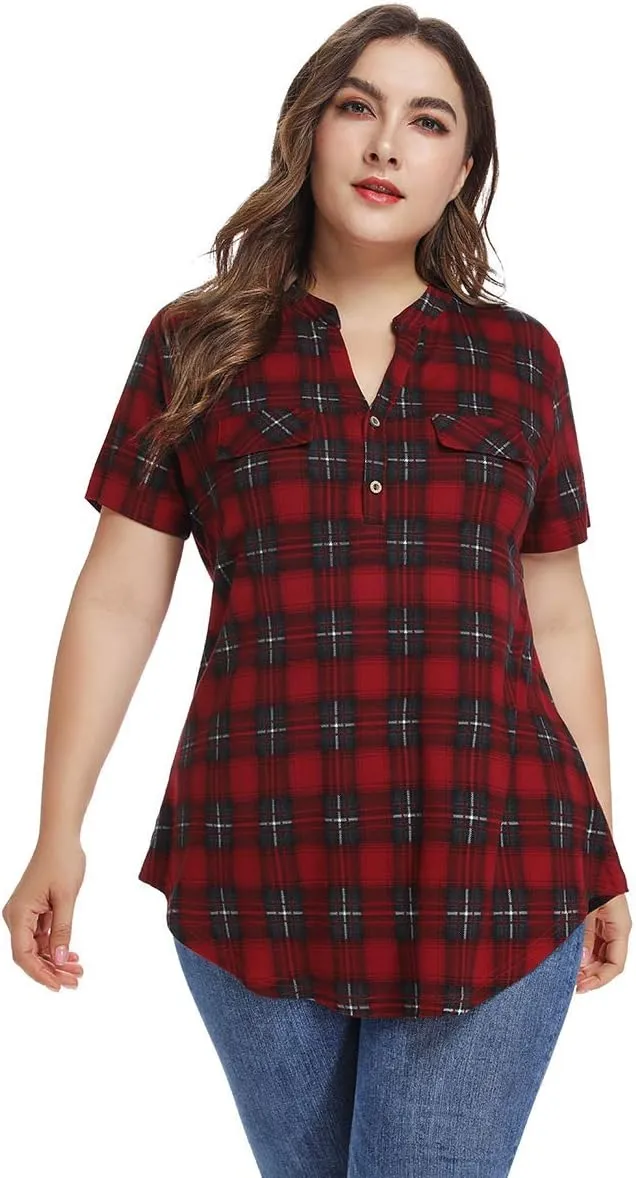 MONNURO Womens Plus Size Tops V Neck Plaid Shirts Summer Short Sleeve Work Casual Blouses