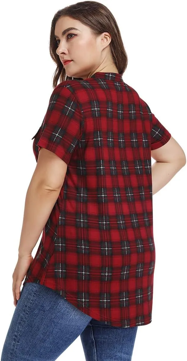 MONNURO Womens Plus Size Tops V Neck Plaid Shirts Summer Short Sleeve Work Casual Blouses