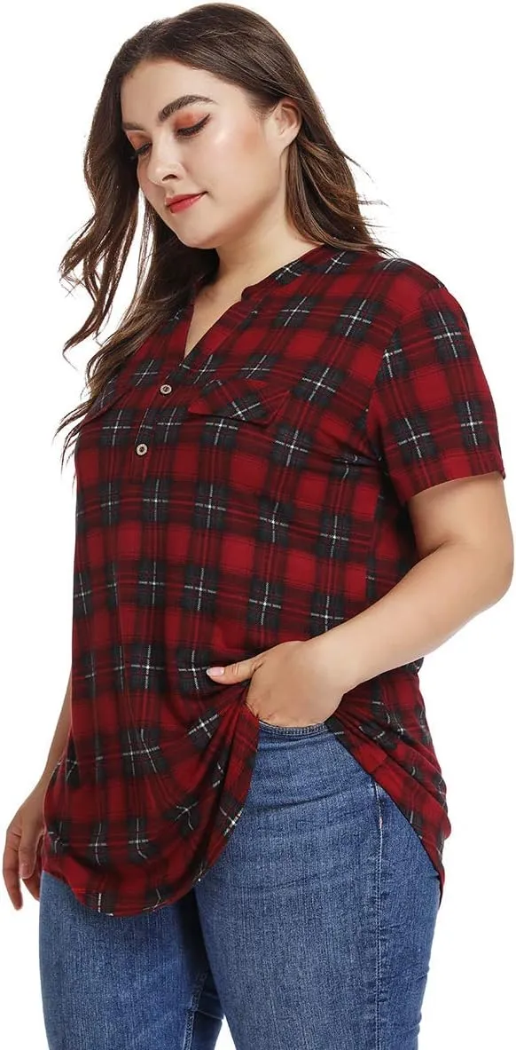 MONNURO Womens Plus Size Tops V Neck Plaid Shirts Summer Short Sleeve Work Casual Blouses