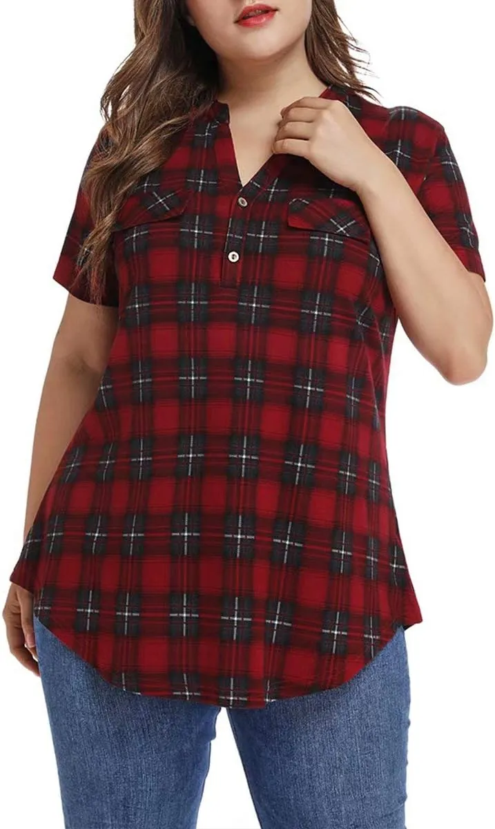 MONNURO Womens Plus Size Tops V Neck Plaid Shirts Summer Short Sleeve Work Casual Blouses