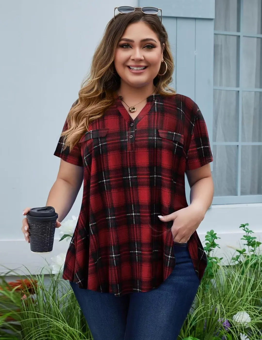 MONNURO Womens Plus Size Tops V Neck Plaid Shirts Summer Short Sleeve Work Casual Blouses