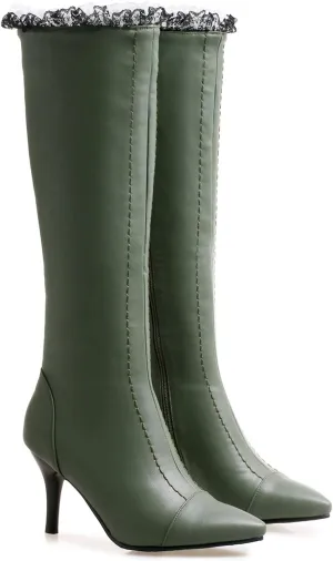 MOOMMO Knee High Stiletto Boots Women Vintage Pointed Toe Lace Trim Side Zipper Long Boots Mid Calf Matte Leather 3 Inch High Heel Dress Boots Sexy Elegant Winter Warm Size 4-13 M US