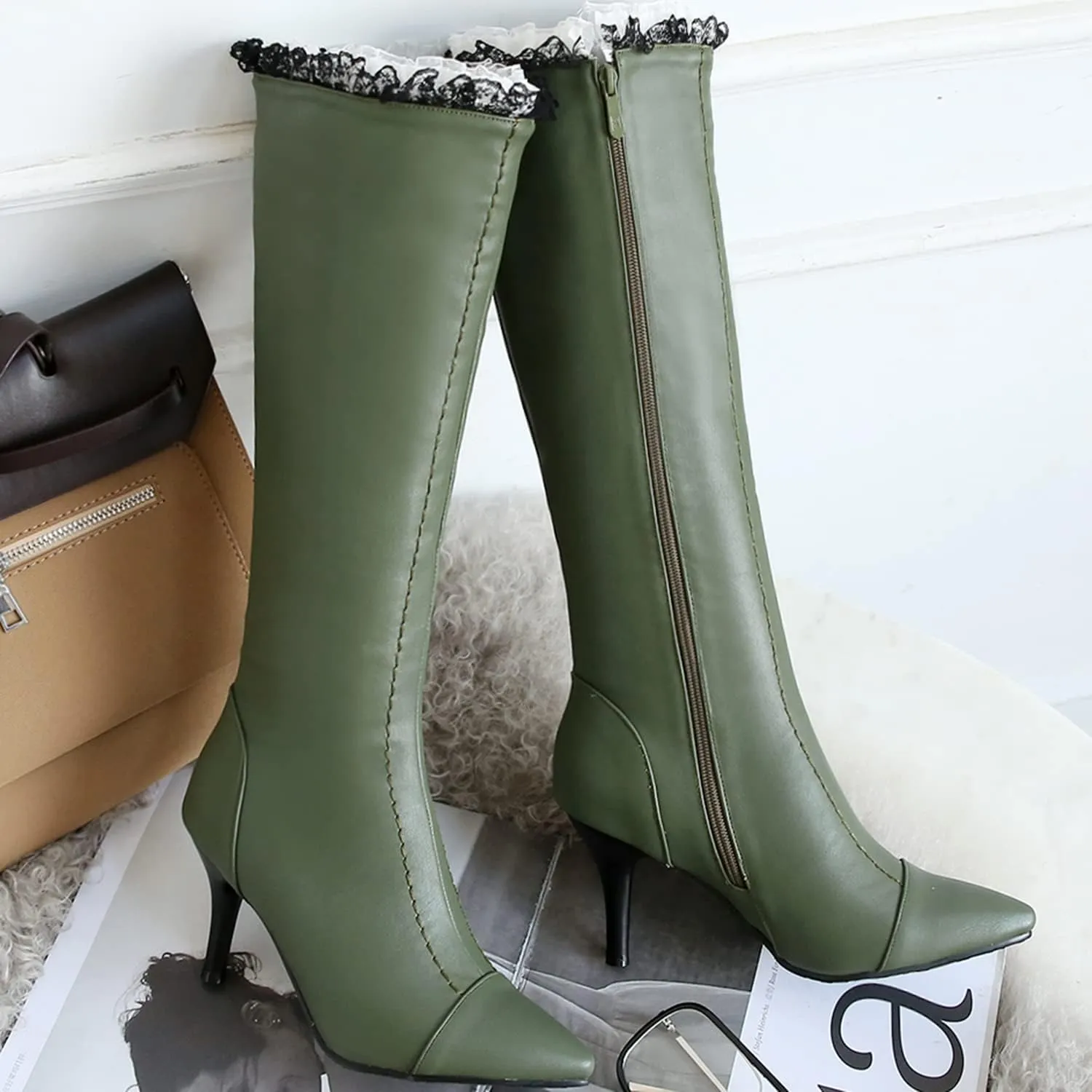 MOOMMO Knee High Stiletto Boots Women Vintage Pointed Toe Lace Trim Side Zipper Long Boots Mid Calf Matte Leather 3 Inch High Heel Dress Boots Sexy Elegant Winter Warm Size 4-13 M US