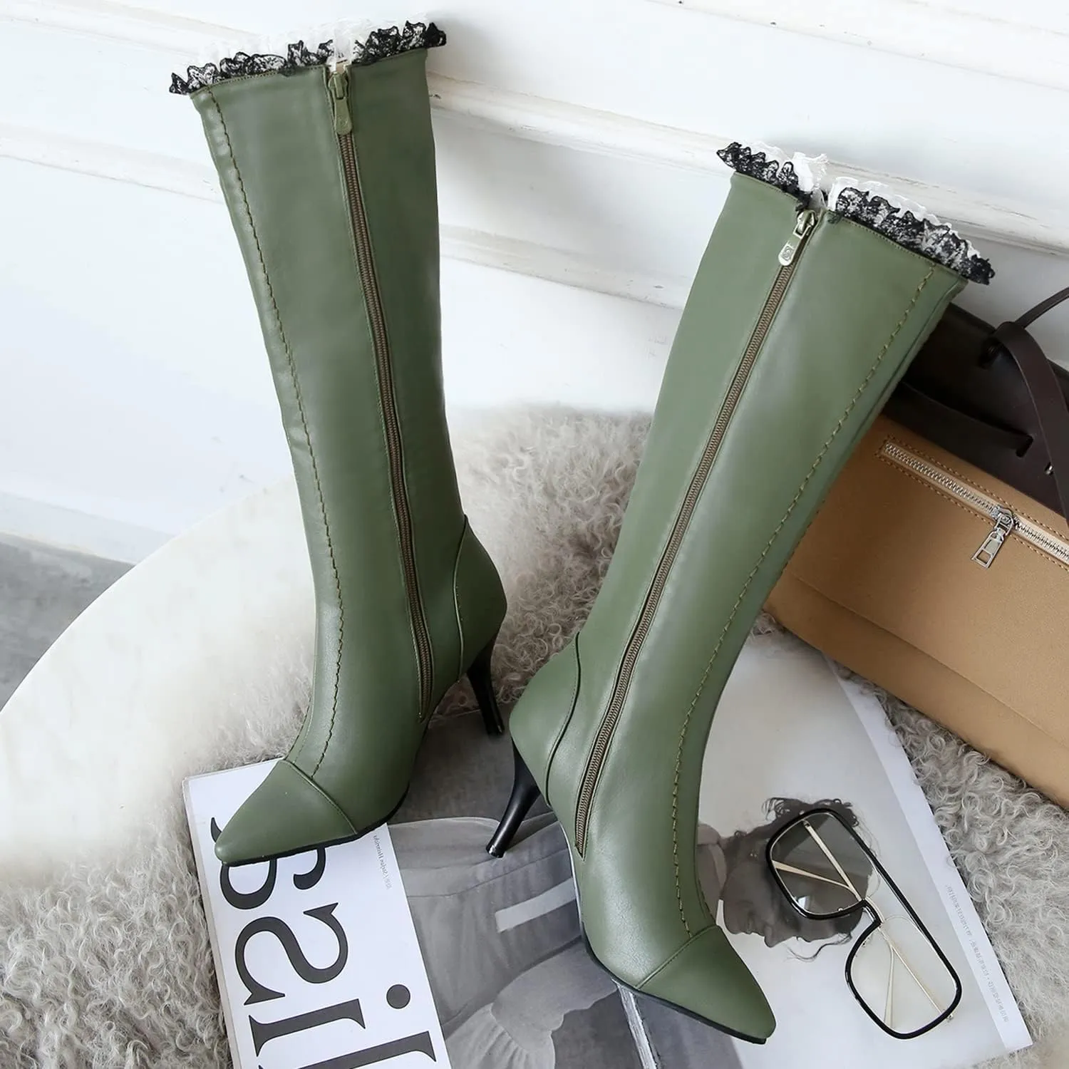 MOOMMO Knee High Stiletto Boots Women Vintage Pointed Toe Lace Trim Side Zipper Long Boots Mid Calf Matte Leather 3 Inch High Heel Dress Boots Sexy Elegant Winter Warm Size 4-13 M US