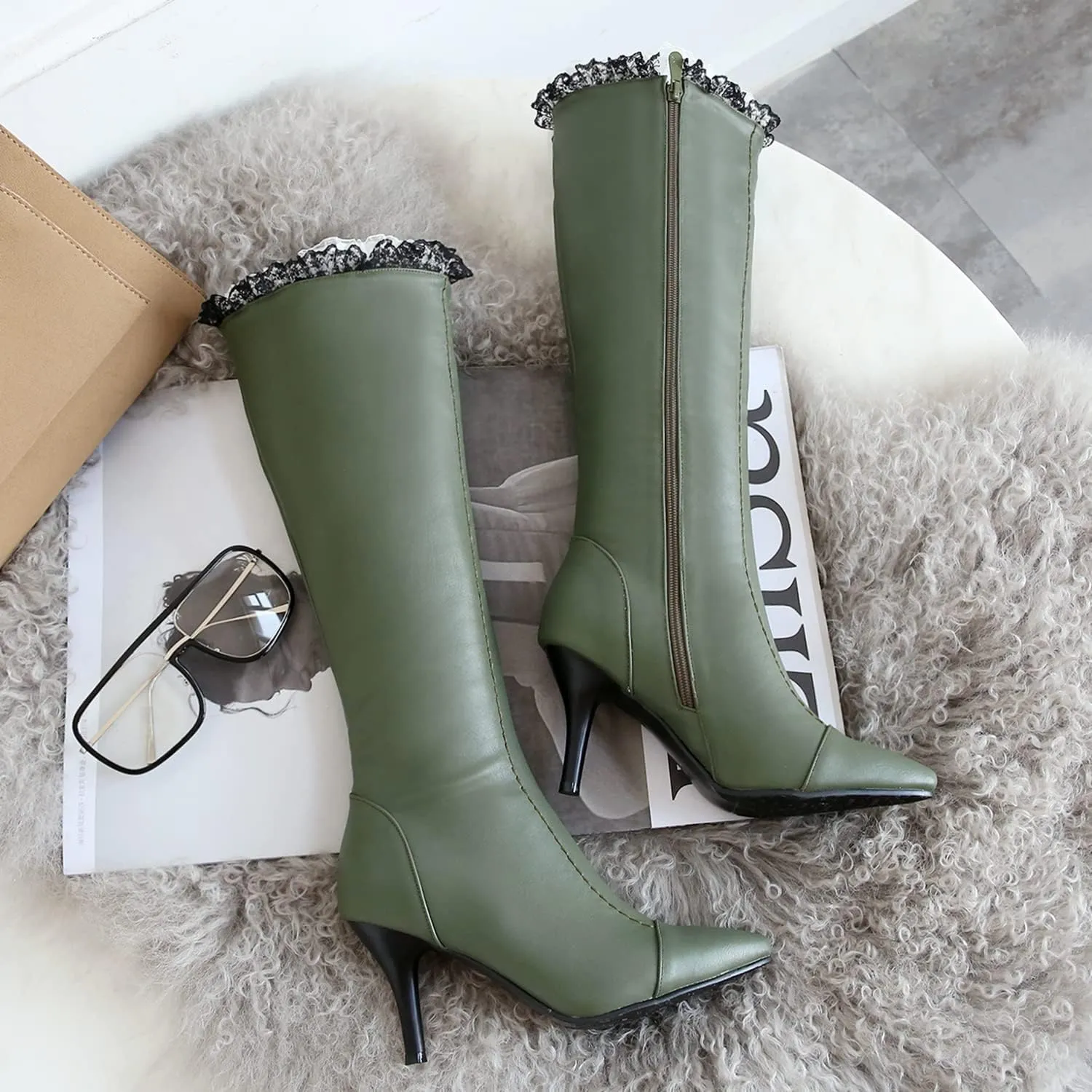 MOOMMO Knee High Stiletto Boots Women Vintage Pointed Toe Lace Trim Side Zipper Long Boots Mid Calf Matte Leather 3 Inch High Heel Dress Boots Sexy Elegant Winter Warm Size 4-13 M US