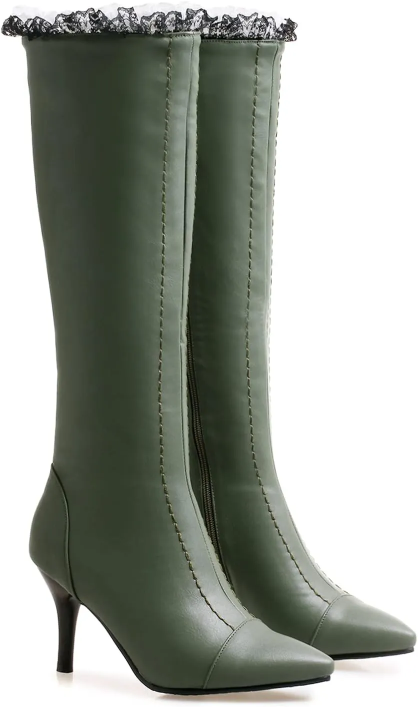 MOOMMO Knee High Stiletto Boots Women Vintage Pointed Toe Lace Trim Side Zipper Long Boots Mid Calf Matte Leather 3 Inch High Heel Dress Boots Sexy Elegant Winter Warm Size 4-13 M US