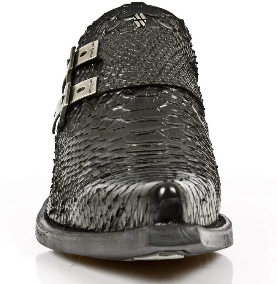 NEWROCK 7934-S2 Men's Black Western Embossed Python Snakeskin Leather Shoes With Buckles and Steel Heels
