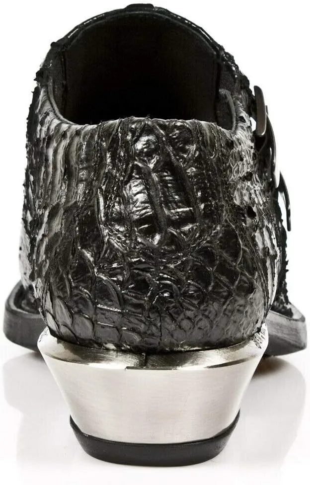 NEWROCK 7934-S2 Men's Black Western Embossed Python Snakeskin Leather Shoes With Buckles and Steel Heels