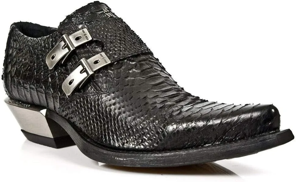 NEWROCK 7934-S2 Men's Black Western Embossed Python Snakeskin Leather Shoes With Buckles and Steel Heels