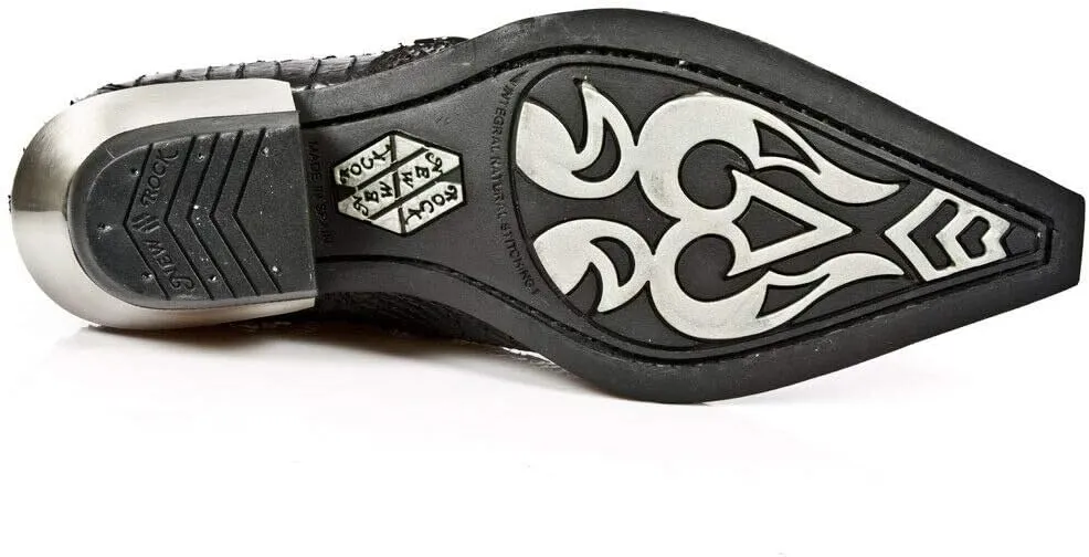 NEWROCK 7934-S2 Men's Black Western Embossed Python Snakeskin Leather Shoes With Buckles and Steel Heels