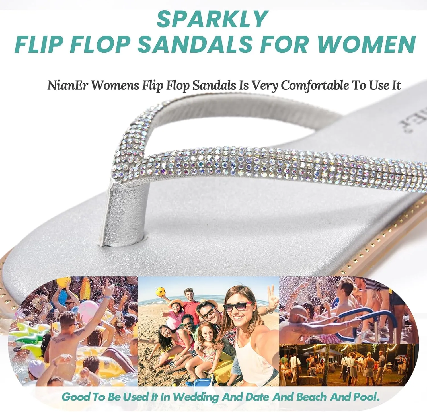 NianEr Womens Microfiber Leather Comfort Foam Rhinestone Glitter Sparkly Dress Flip Flop Sandals Summer Cute Flat Slides