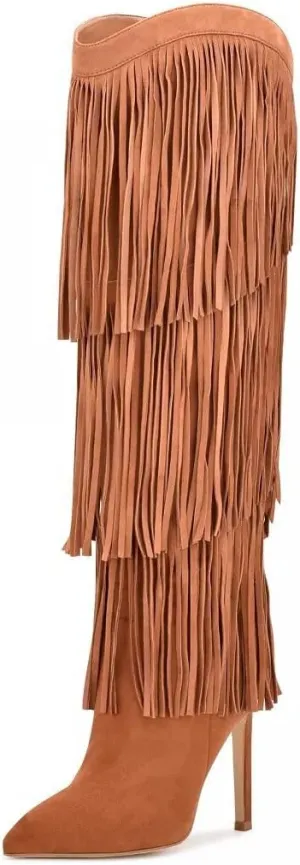 Nine West Women's Pointed Toe Stiletto Heel Fringe Knee High Boot