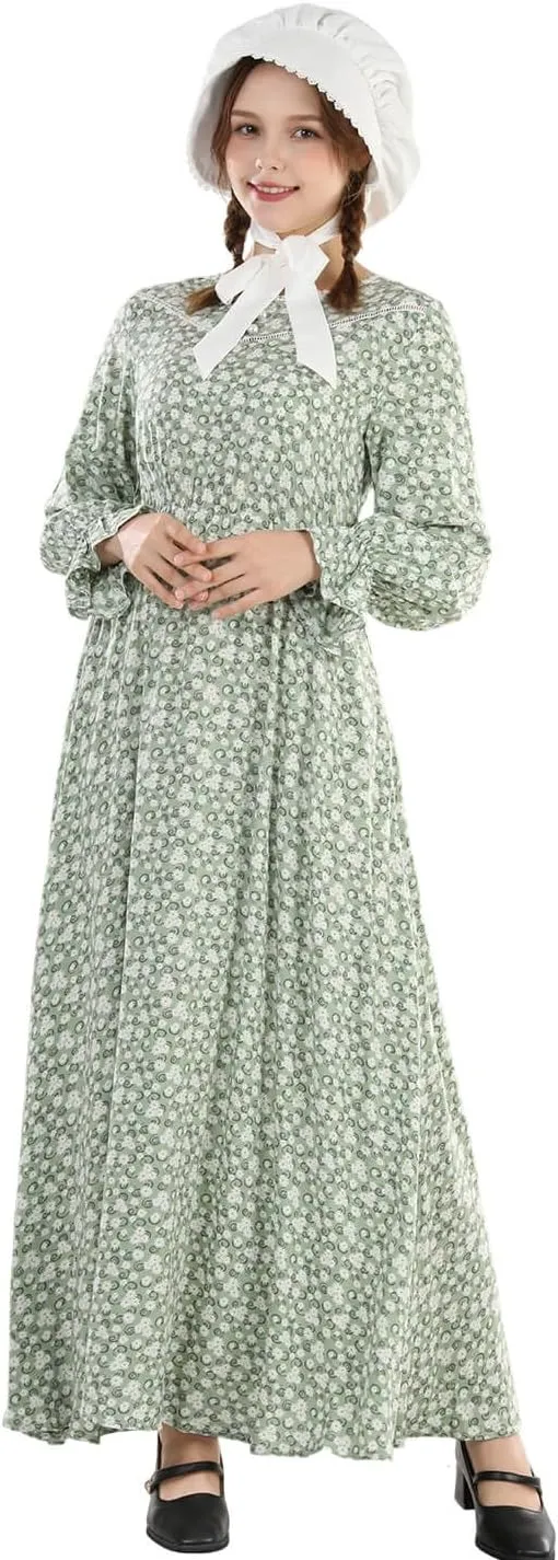 Nuoqi Pioneer Dress Women Prairie Dress with Bonnet Adult Long Colonial Costume