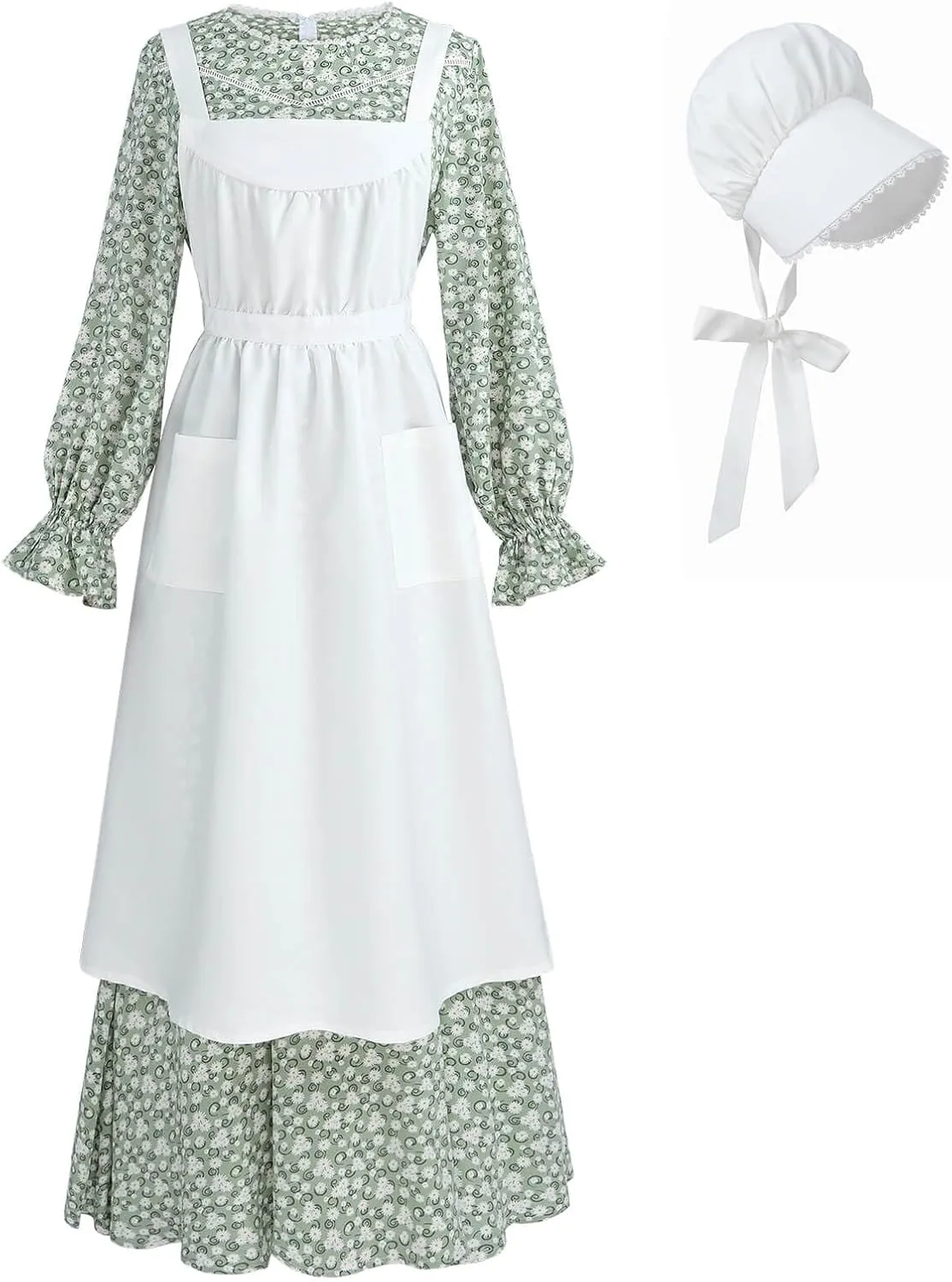 Nuoqi Pioneer Dress Women Prairie Dress with Bonnet Adult Long Colonial Costume