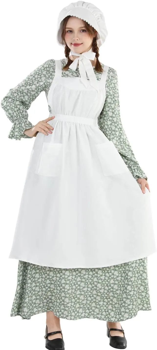 Nuoqi Pioneer Dress Women Prairie Dress with Bonnet Adult Long Colonial Costume