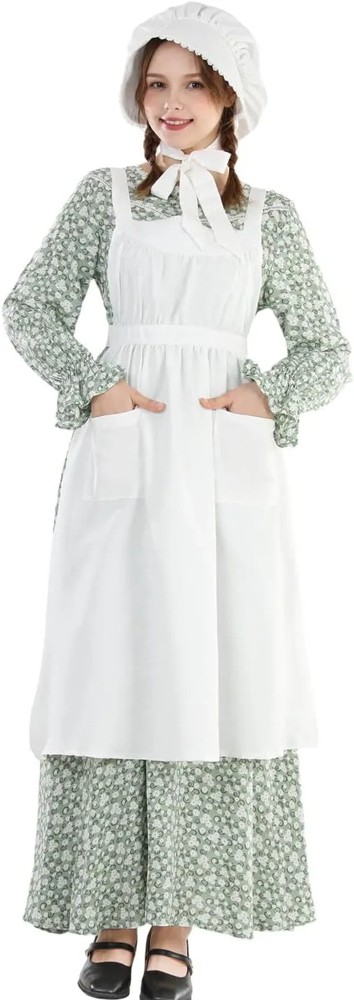 Nuoqi Pioneer Dress Women Prairie Dress with Bonnet Adult Long Colonial Costume