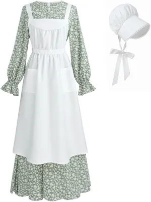 Nuoqi Pioneer Dress Women Prairie Dress with Bonnet Adult Long Colonial Costume