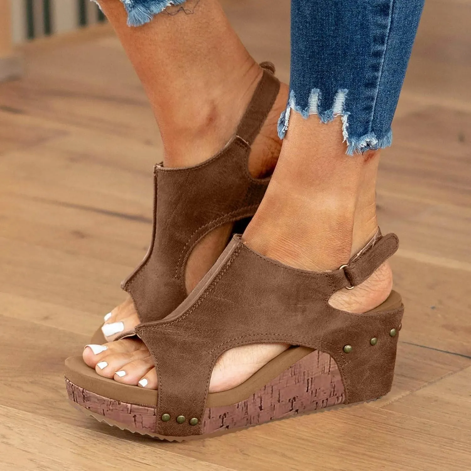 Orthopedic Wedge Sandals for Women Summer Dressy 2025, Womens Open Toe Espadrilles Sandals Ankle Strap Platform Sandals Leather Beach Boho Casual High Wedges Walking Strappy Slip on (a-Brown, 9.5)