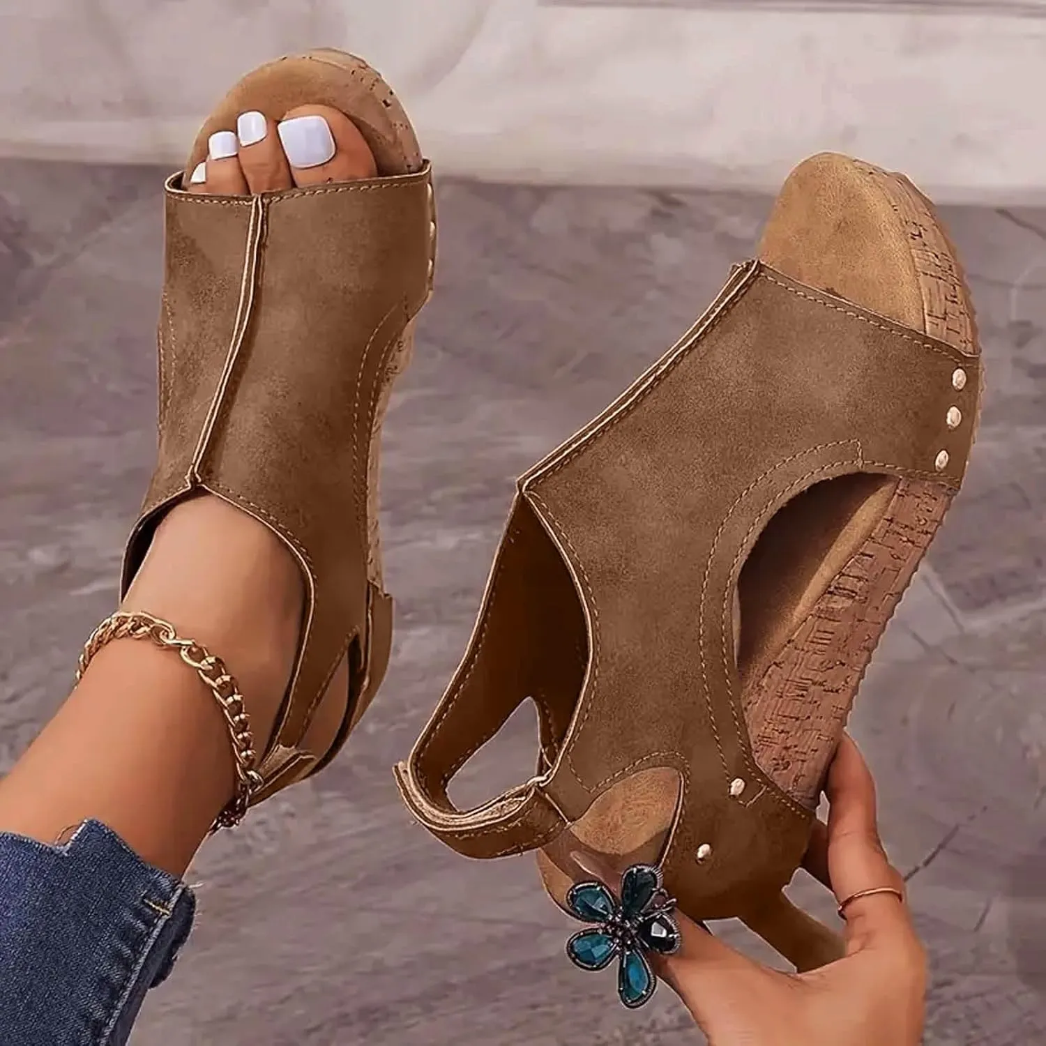Orthopedic Wedge Sandals for Women Summer Dressy 2025, Womens Open Toe Espadrilles Sandals Ankle Strap Platform Sandals Leather Beach Boho Casual High Wedges Walking Strappy Slip on (a-Brown, 9.5)