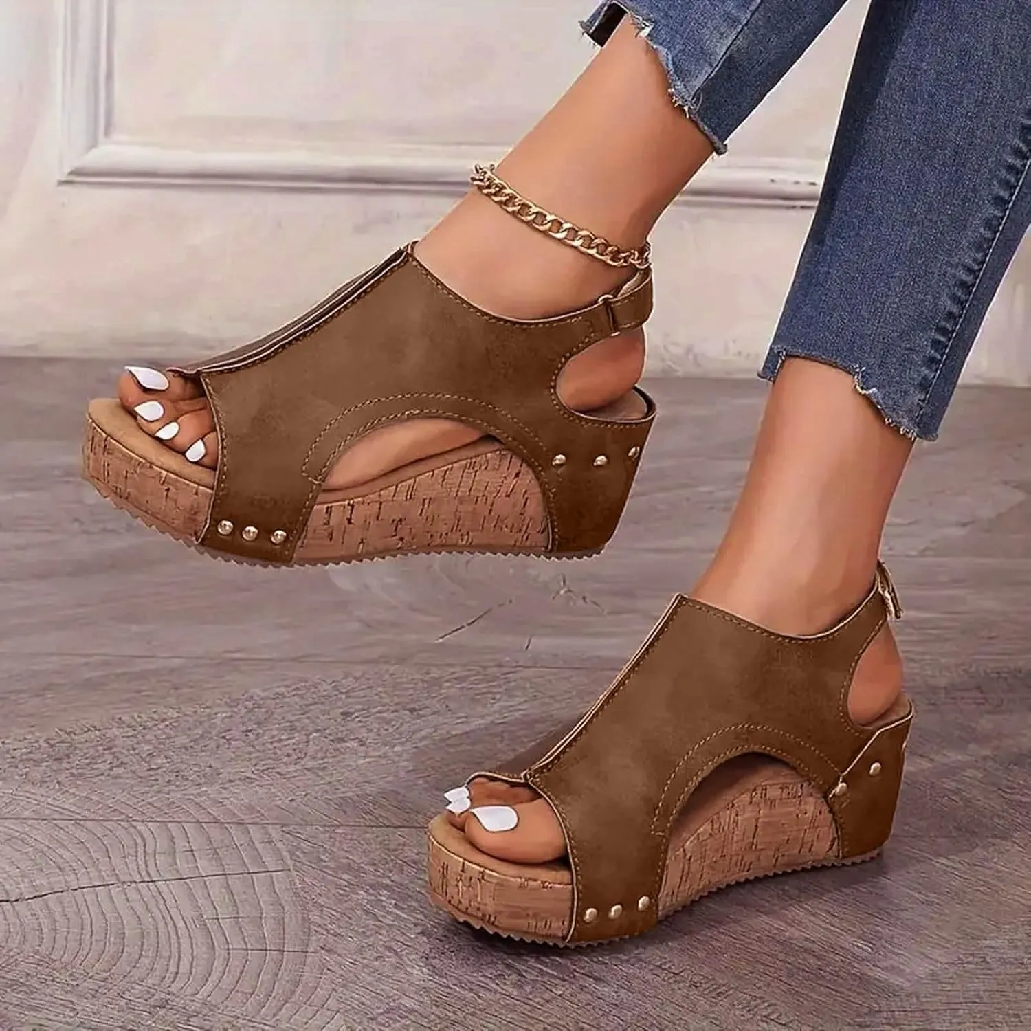Orthopedic Wedge Sandals for Women Summer Dressy 2025, Womens Open Toe Espadrilles Sandals Ankle Strap Platform Sandals Leather Beach Boho Casual High Wedges Walking Strappy Slip on (a-Brown, 9.5)