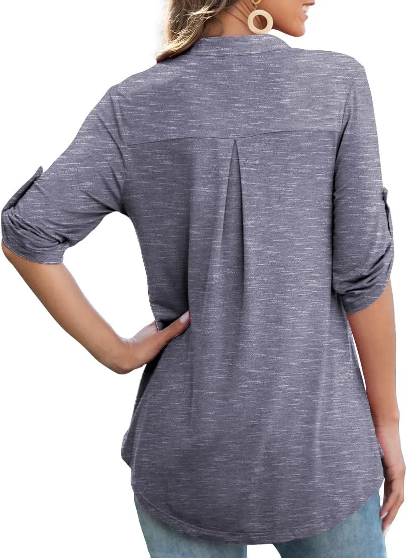 Othyroce Womens Floral Printed Tunic Tops 3/4 Roll Sleeve V Neck Blouses Long Sleeve Shirts for Women