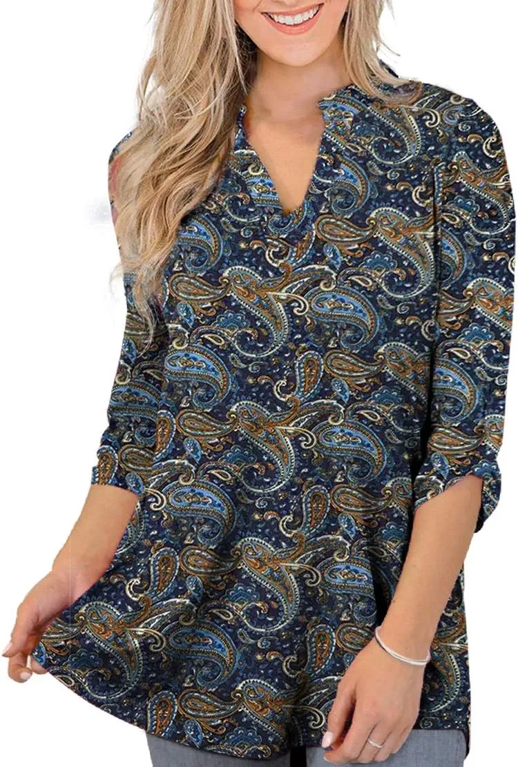 Othyroce Womens Floral Printed Tunic Tops 3/4 Roll Sleeve V Neck Blouses Long Sleeve Shirts for Women