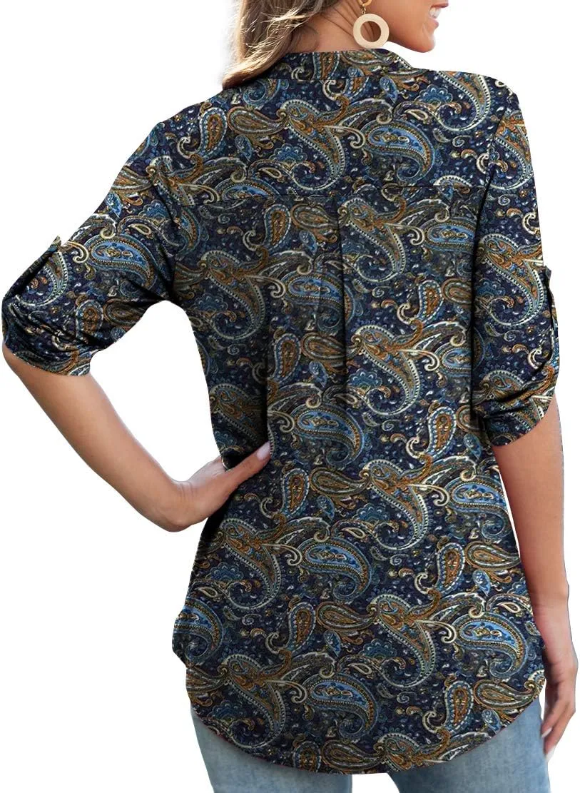 Othyroce Womens Floral Printed Tunic Tops 3/4 Roll Sleeve V Neck Blouses Long Sleeve Shirts for Women