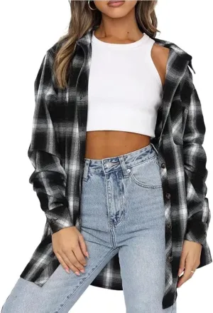 Oversized Womens Flannel Plaid Soft Flannel Button Down Shirt Roll Up Long Sleeve Flannel Plaid Shirt Blouses Women
