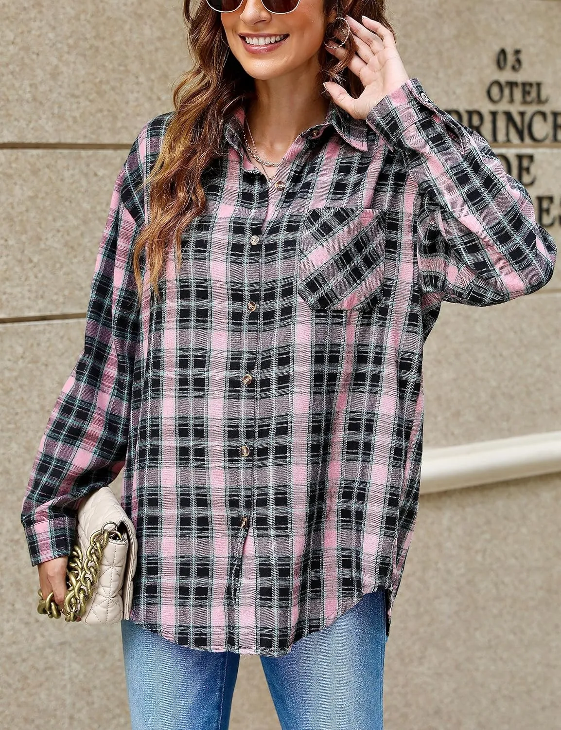 Oversized Womens Flannel Plaid Soft Flannel Button Down Shirt Roll Up Long Sleeve Flannel Plaid Shirt Blouses Women