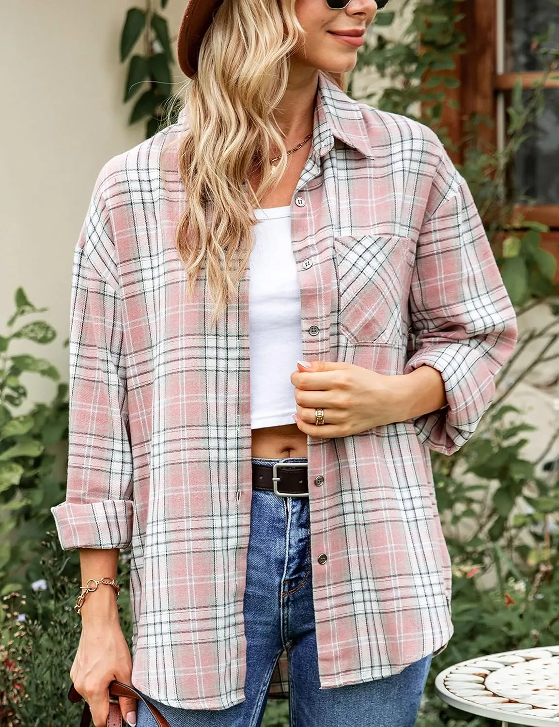 Oversized Womens Flannel Plaid Soft Flannel Button Down Shirt Roll Up Long Sleeve Flannel Plaid Shirt Blouses Women