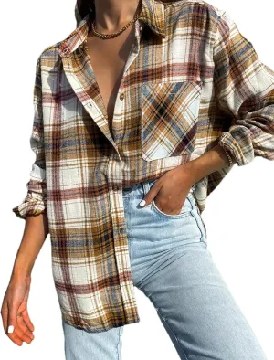 Oversized Womens Flannel Plaid Soft Flannel Button Down Shirt Roll Up Long Sleeve Flannel Plaid Shirt Blouses Women