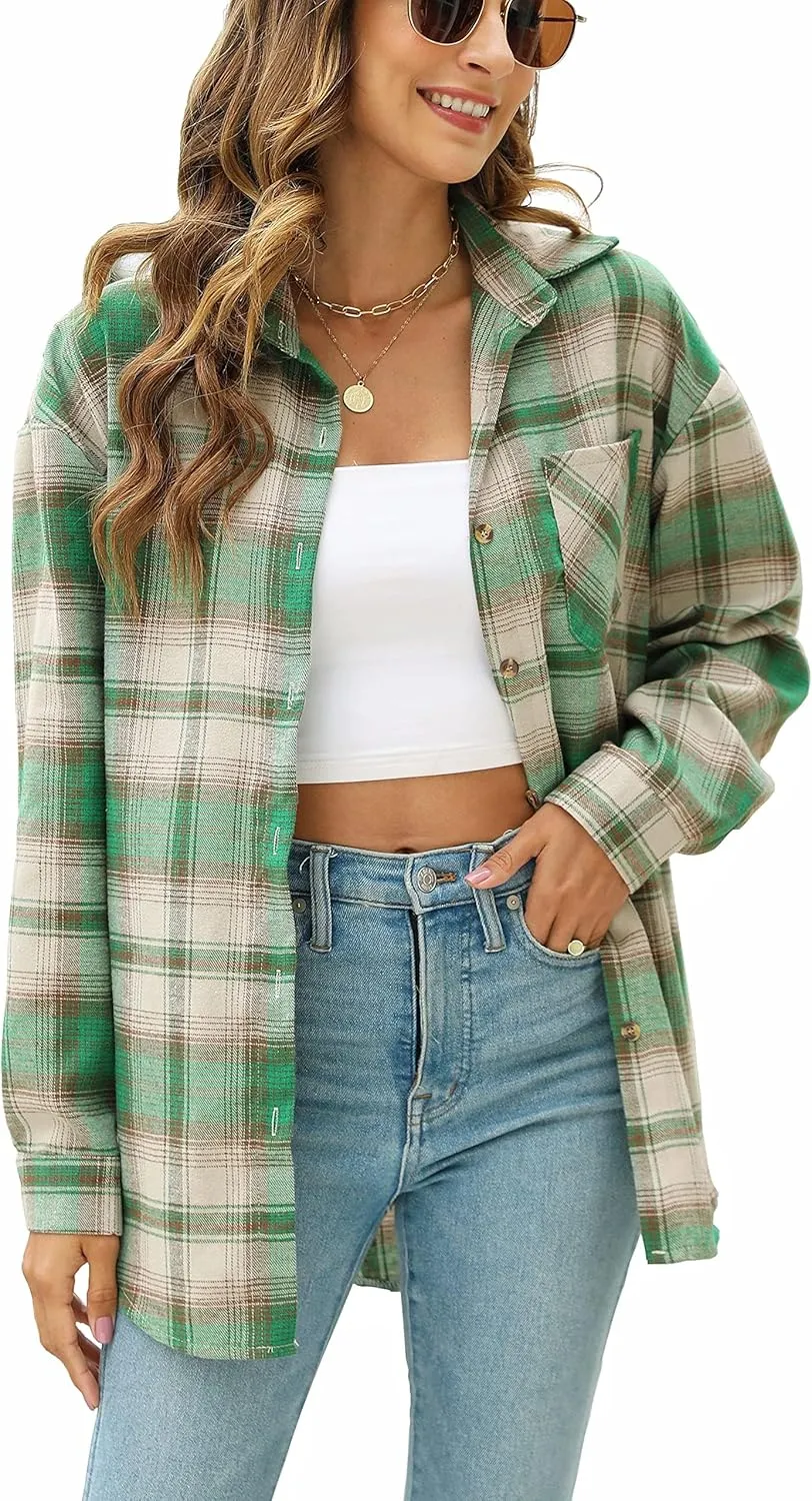 Oversized Womens Flannel Plaid Soft Flannel Button Down Shirt Roll Up Long Sleeve Flannel Plaid Shirt Blouses Women