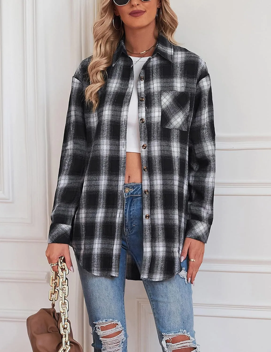 Oversized Womens Flannel Plaid Soft Flannel Button Down Shirt Roll Up Long Sleeve Flannel Plaid Shirt Blouses Women