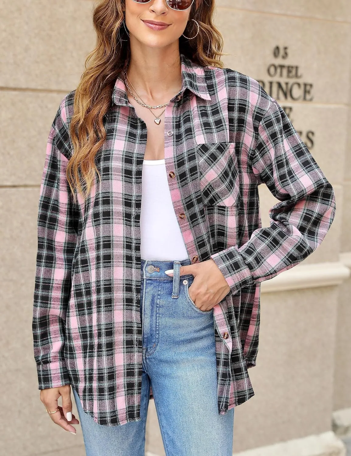 Oversized Womens Flannel Plaid Soft Flannel Button Down Shirt Roll Up Long Sleeve Flannel Plaid Shirt Blouses Women