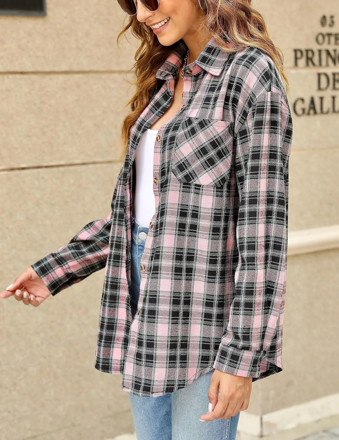 Oversized Womens Flannel Plaid Soft Flannel Button Down Shirt Roll Up Long Sleeve Flannel Plaid Shirt Blouses Women