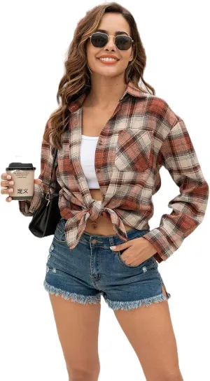 Oversized Womens Flannel Plaid Soft Flannel Button Down Shirt Roll Up Long Sleeve Flannel Plaid Shirt Blouses Women