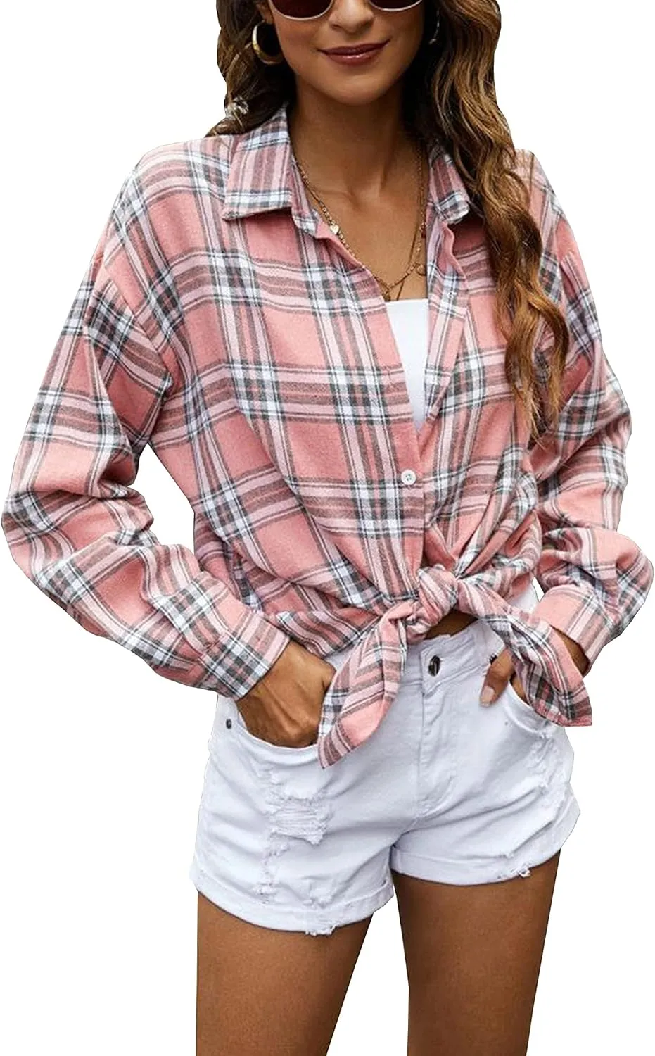 Oversized Womens Flannel Plaid Soft Flannel Button Down Shirt Roll Up Long Sleeve Flannel Plaid Shirt Blouses Women