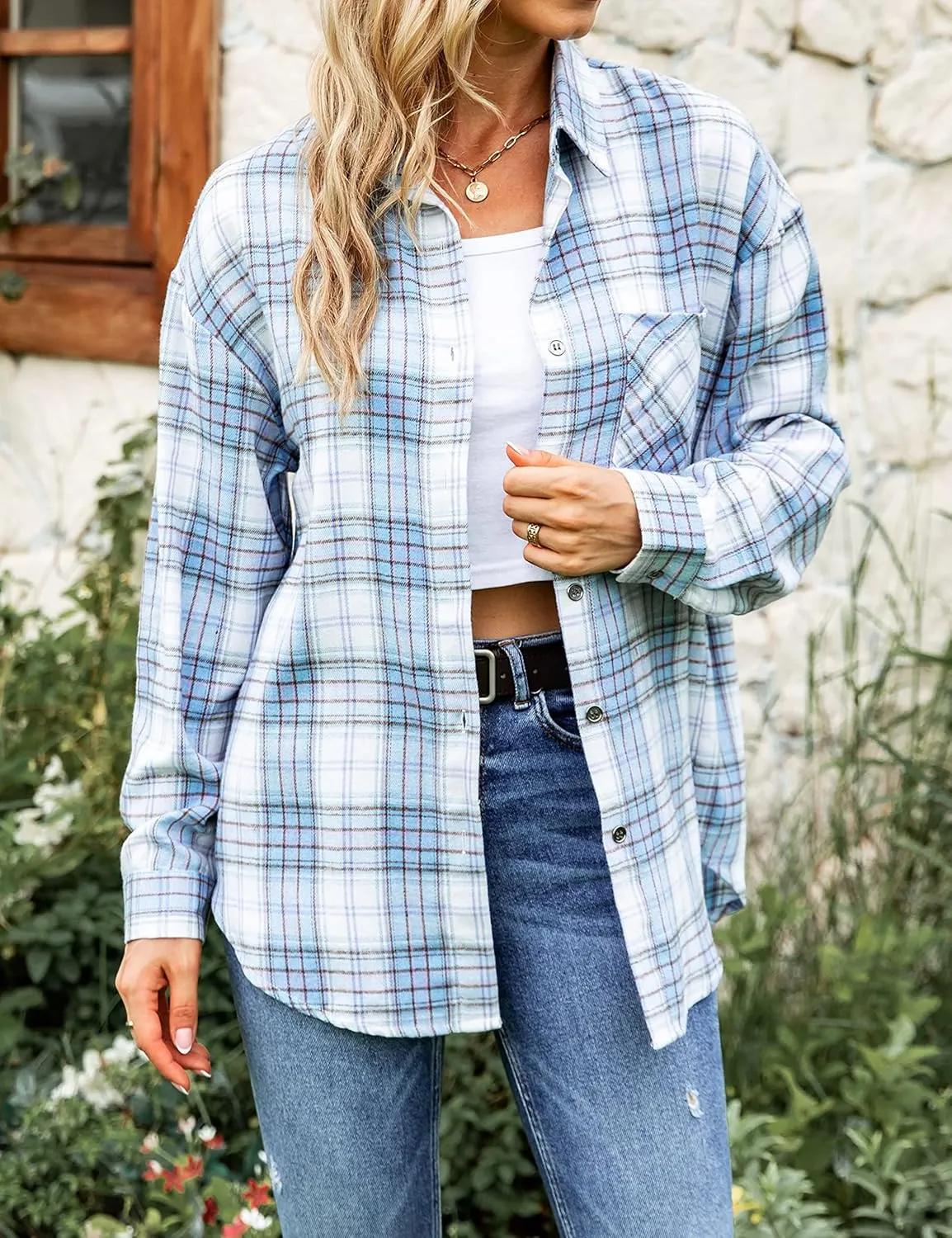 Oversized Womens Flannel Plaid Soft Flannel Button Down Shirt Roll Up Long Sleeve Flannel Plaid Shirt Blouses Women