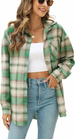 Oversized Womens Flannel Plaid Soft Flannel Button Down Shirt Roll Up Long Sleeve Flannel Plaid Shirt Blouses Women