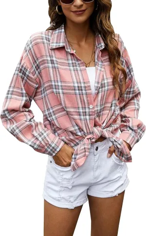 Oversized Womens Flannel Plaid Soft Flannel Button Down Shirt Roll Up Long Sleeve Flannel Plaid Shirt Blouses Women