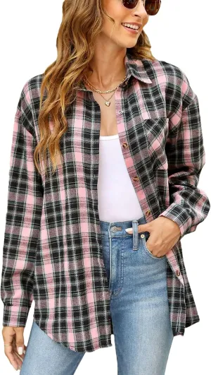 Oversized Womens Flannel Plaid Soft Flannel Button Down Shirt Roll Up Long Sleeve Flannel Plaid Shirt Blouses Women