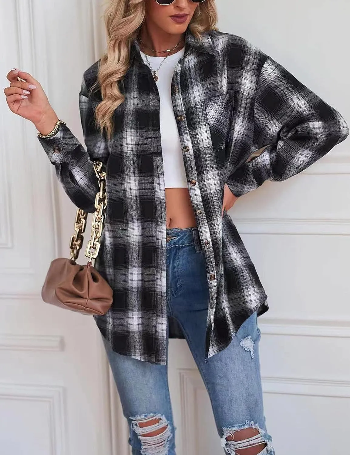 Oversized Womens Flannel Plaid Soft Flannel Button Down Shirt Roll Up Long Sleeve Flannel Plaid Shirt Blouses Women