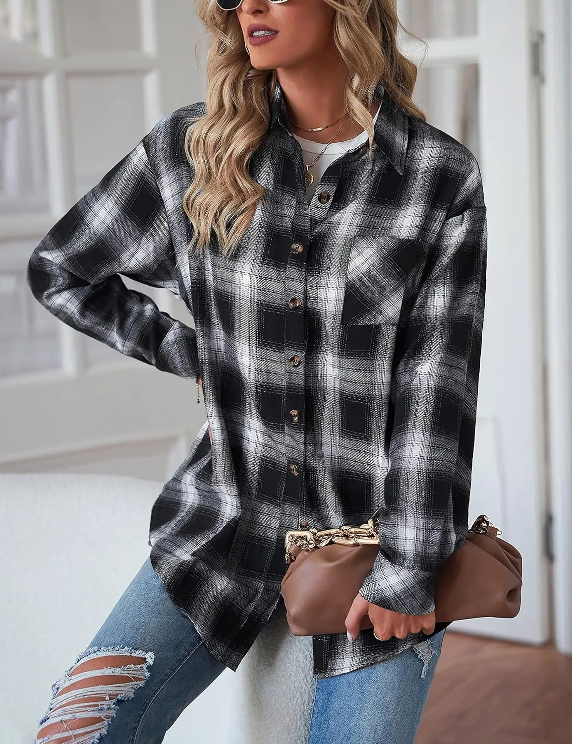 Oversized Womens Flannel Plaid Soft Flannel Button Down Shirt Roll Up Long Sleeve Flannel Plaid Shirt Blouses Women